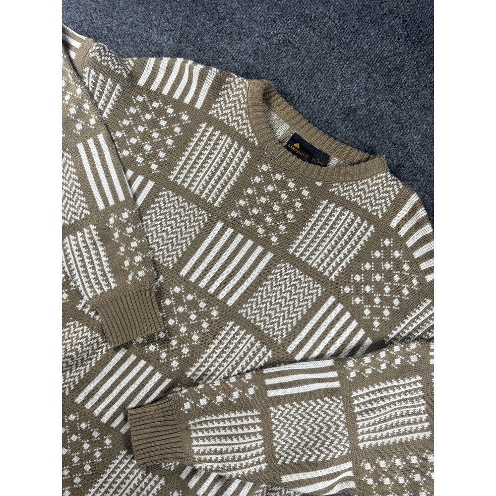 Vintage 90s Lizsport Patchwork Knit Sweater Medium Cream Tan Cotton USA Made